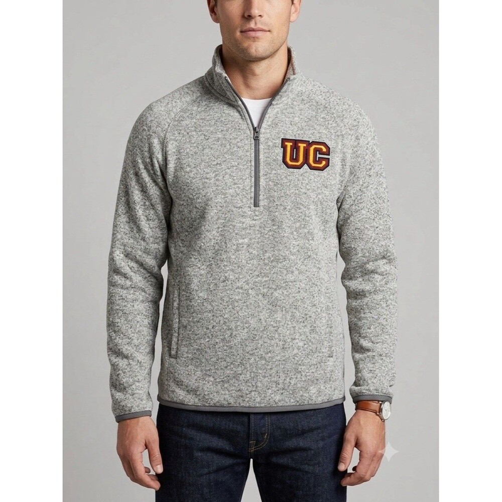 League Mens Small Gray Fleece Quarter Zip Pullover Sweatshirt UC Patch NWOT